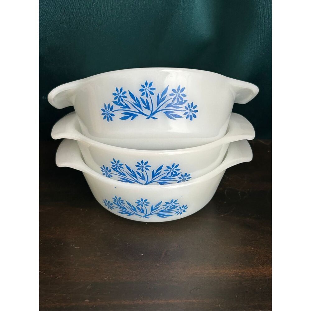 Set of 3 Fire-King Anchor Hocking Casserole Single Serving Dishes Blue Cornflowe